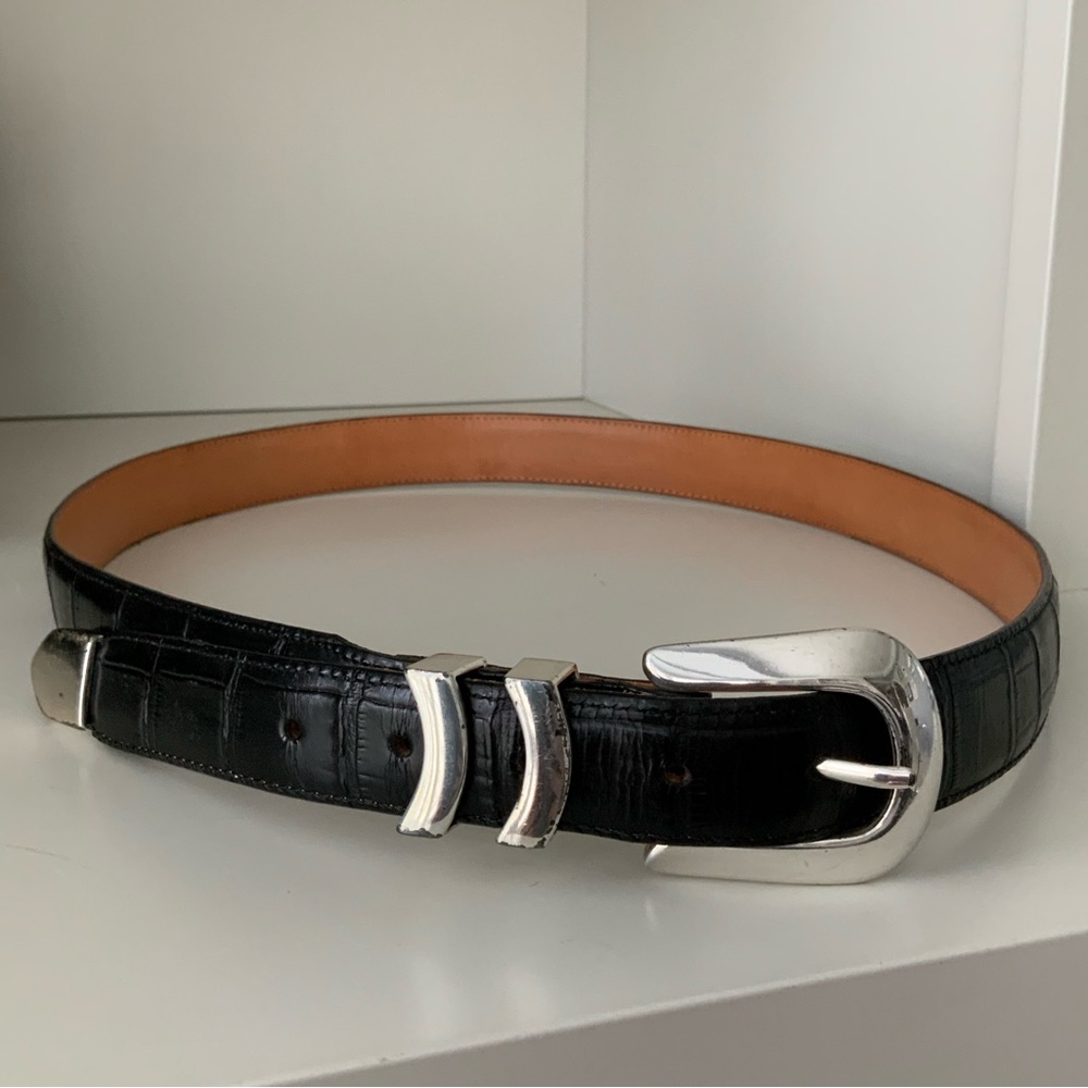 Vintage BRIGHTON ONYX Croc Embossed Leather Buckle Black Women’s Belt Size 42